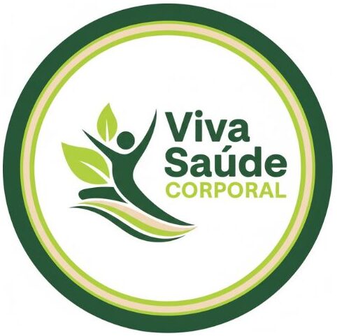 Logotipo Viva Saúde Corporal apresentando um ícone de silhueta humana integrada a uma folha verde, simbolizando saúde e natureza.